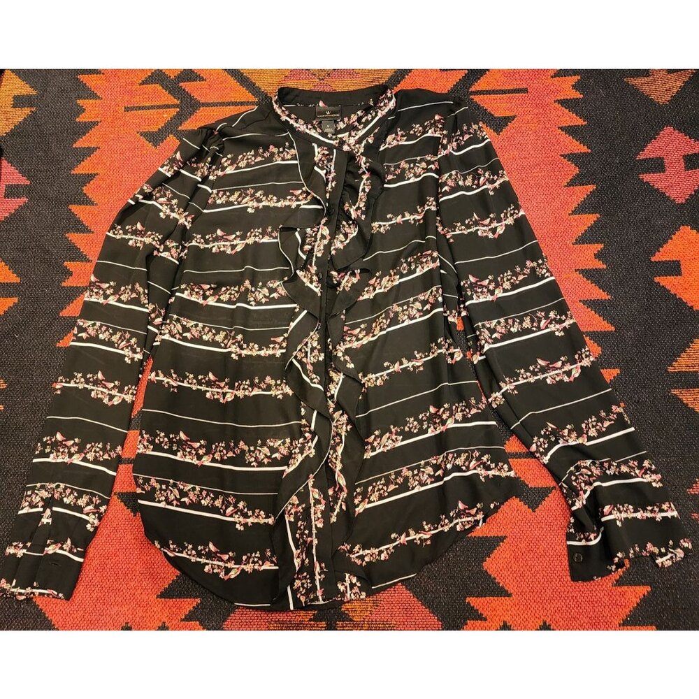 Worthington Women's Black Floral & Striped Ruffle Blouse L Polyester
